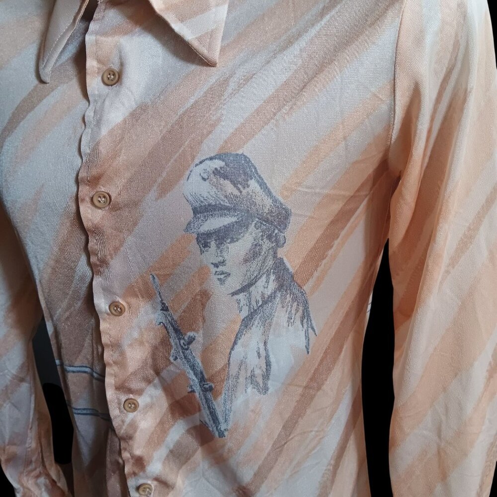 Vintage Men's Disco Shirt Large 1970s Salmon Pink Nautical Sexy Man Woman Print - Picture 3 of 10